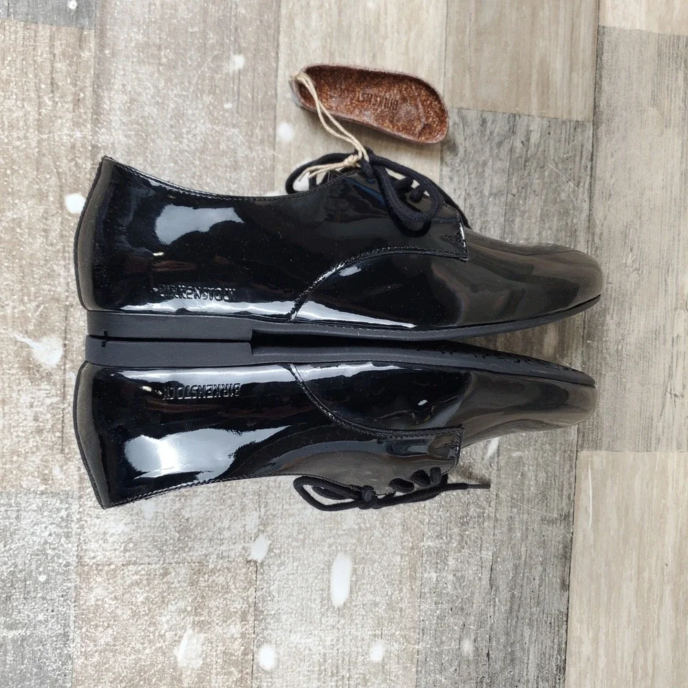 Birkenstock Saunders Womens Shoes Sz 6 Narrow Black Patent Leather Lace Up